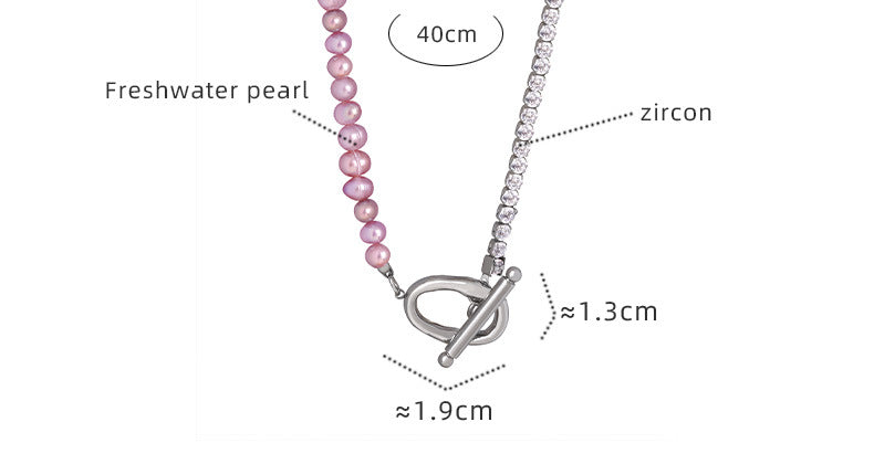 Half Light Purple Freshwater Pearl And Half Zircon Silver Chain OT Clasp Pendant Necklace