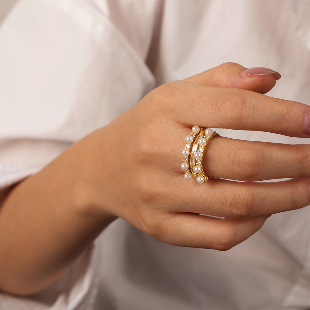 Dainty Diamond Two Row Pearl Ring 