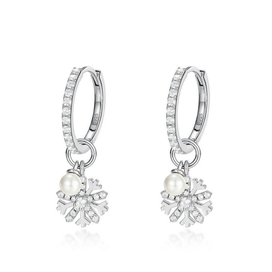 Clip On Dangle Pearl Snowflake Earrings