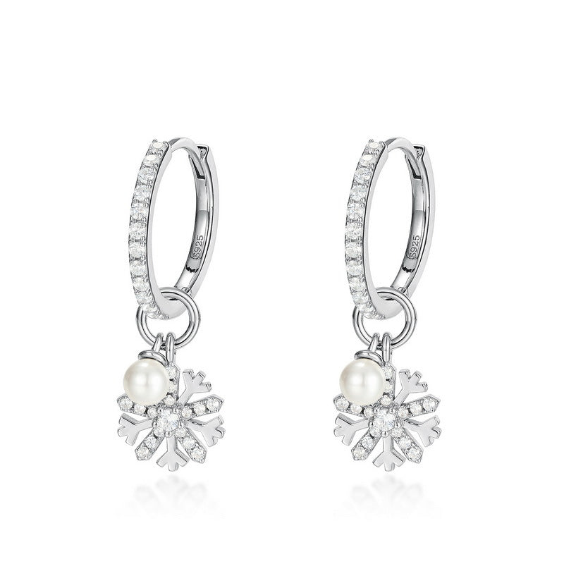 Clip On Dangle Pearl Snowflake Earrings