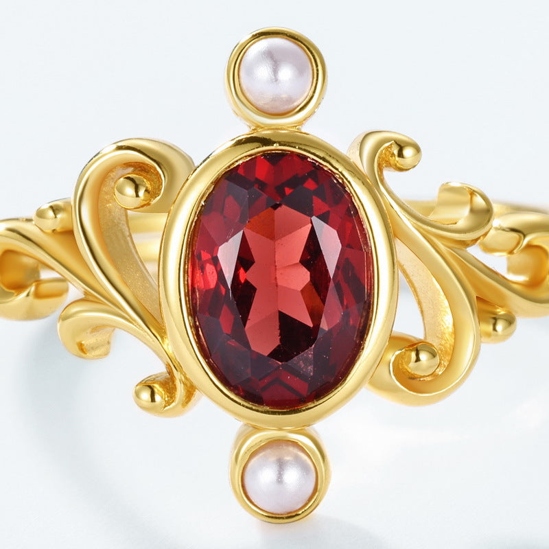 Retro Crown Pearl and Garnet Ring