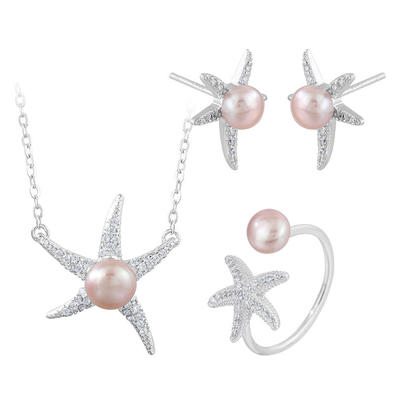 Pearl and Starfish Necklace Earrings Ring Set