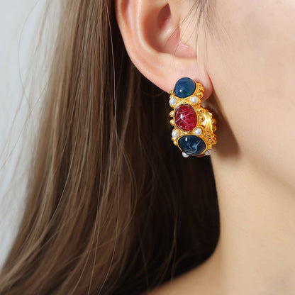 Vintage C Shape Resin and Pearl Earring