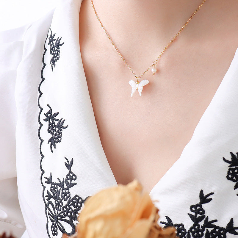 Pearl Charm Butterfly Pendant Necklace