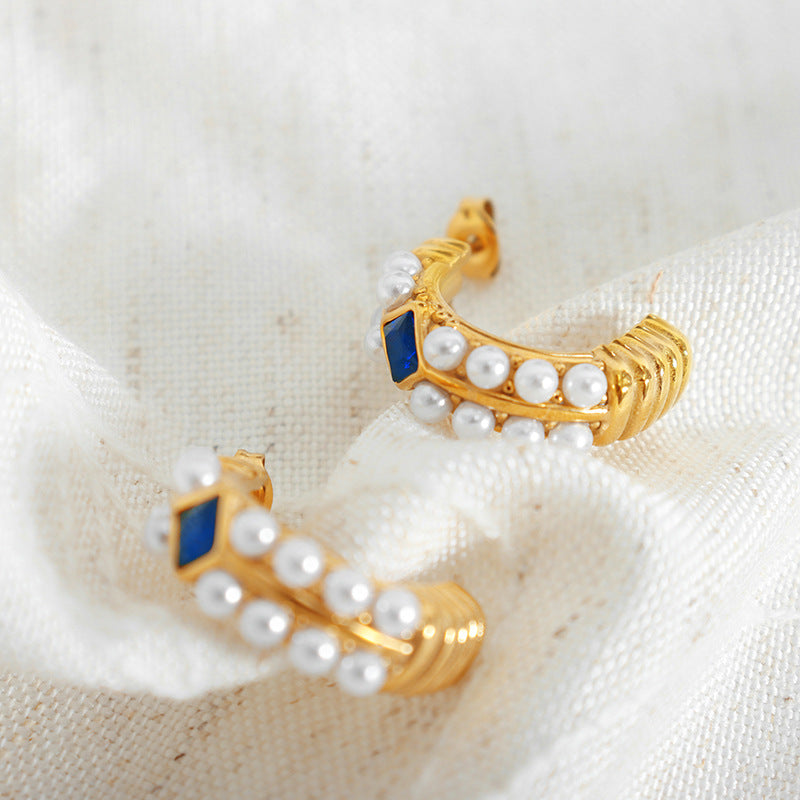 C Shape Pearl Blue Sapphire Earrings