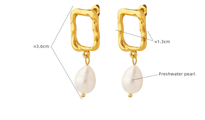 Debossed Gold Rectangle Pearl Drop Earrings