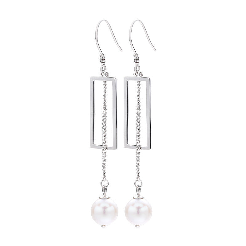 S925 Silver Geometric Tassel Pearl Dangle Earrings