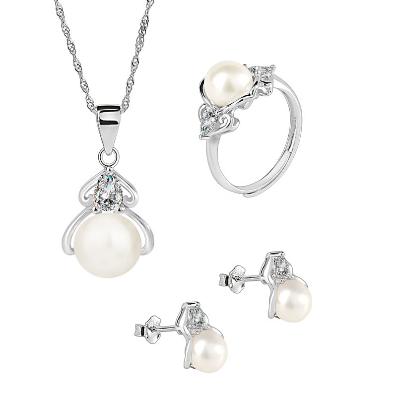 Diamond and Freshwater Pearl Pendant Necklace Earrings Ring Set