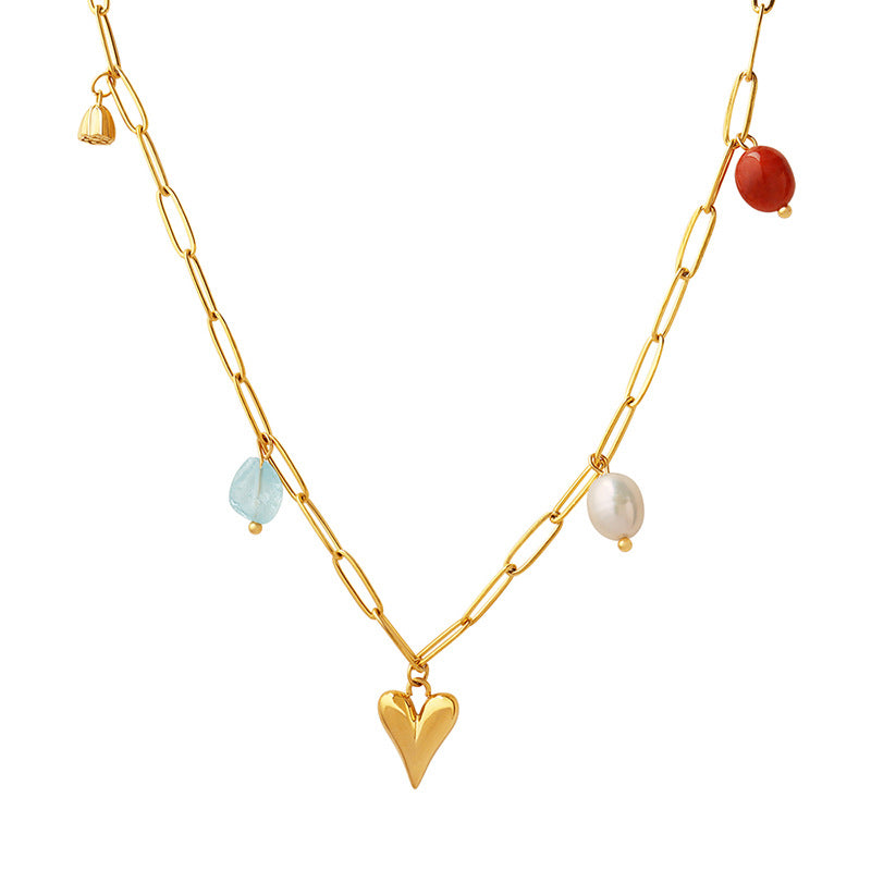 Paperclip Color Stone Pearl Charm Heart Pendant Necklace