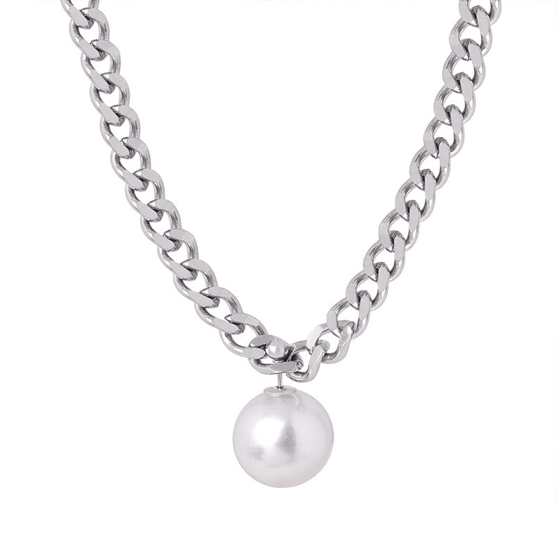 Silver Cuban Chain With A Detachable Pearl Pendant Necklace