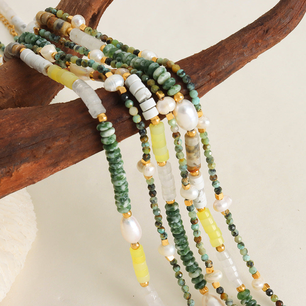 Natural Turquoise Agate White Fossil Pearl Beaded Necklaces