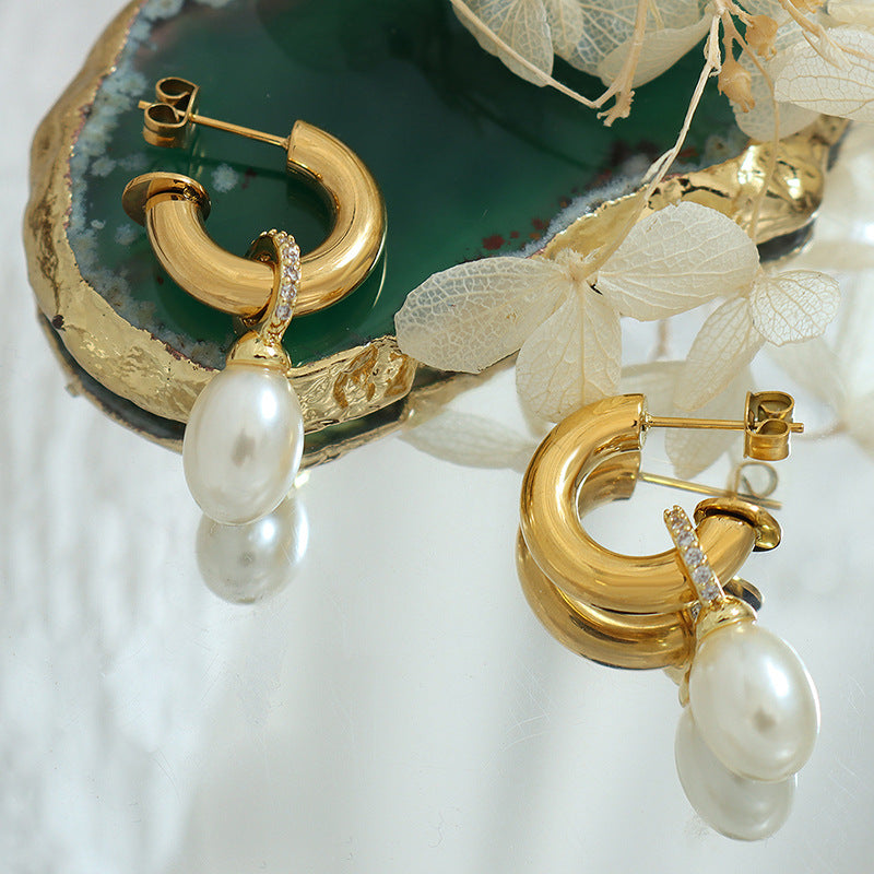 Zircon And Oval Pearl Drop Earrings