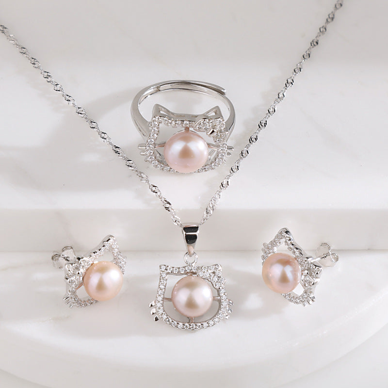 Kitty Cat Pearl Pendant Necklace Earrings Ring Set