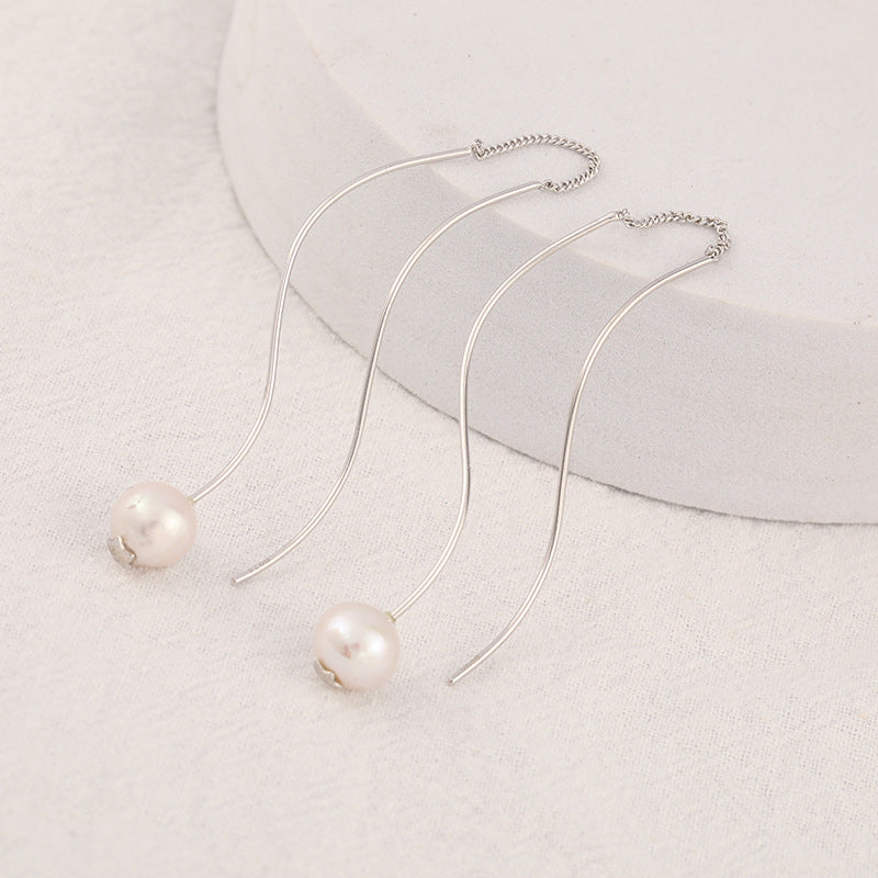 S Curve Line Tassel Pearl Drop Earrings