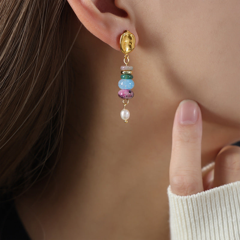 Colored Natural Stone Freshwater Pearl Drop Earrings