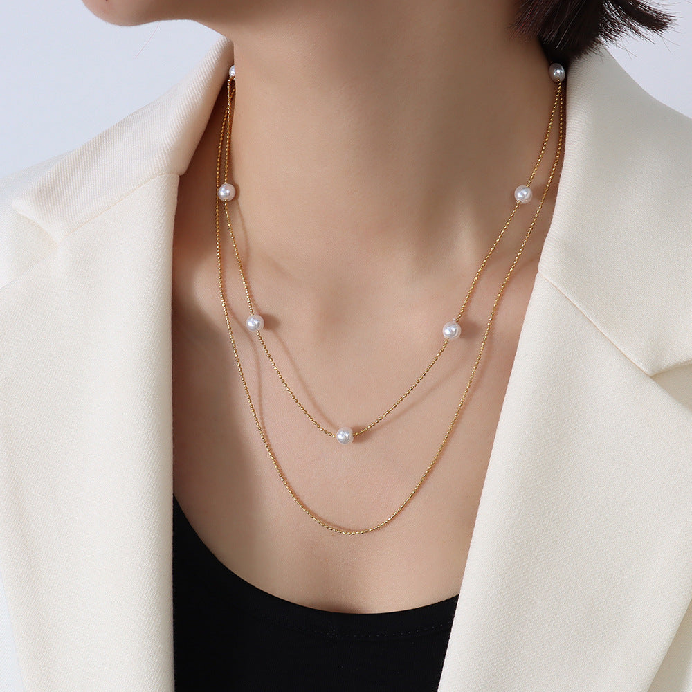 Two Layered Chain Stacked Floating Pearl Necklace