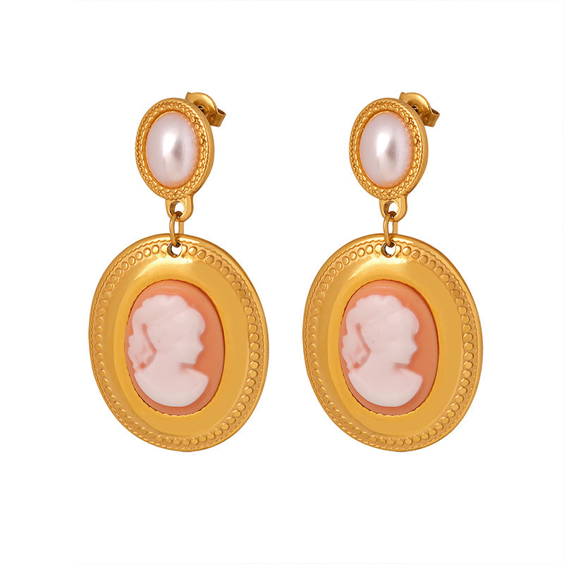 Oval Portrait Drop Pearl Stud Earring