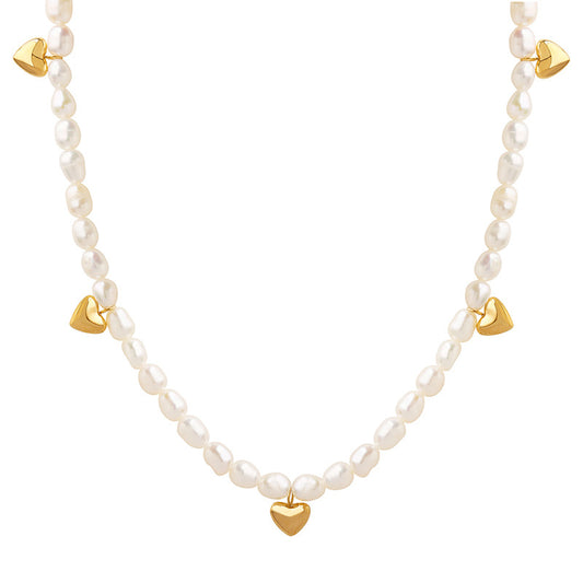 Gold Heart Charms Freshwater Pearl Necklace