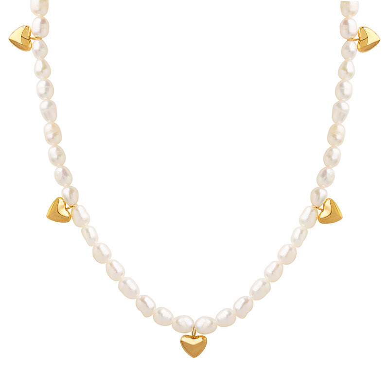 Gold Heart Charms Freshwater Pearl Necklace