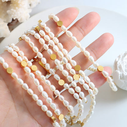 Gold Flat Round Beads Stitching Freshwater Pearl Necklace