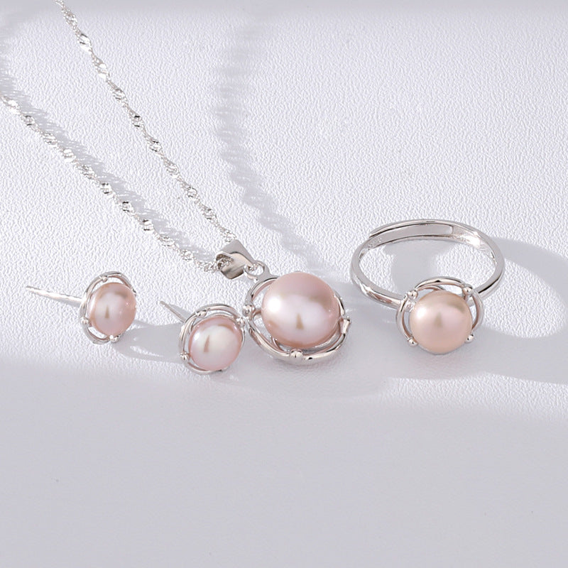 Minimalistic Pearl Pendant Necklace Earrings Ring Set