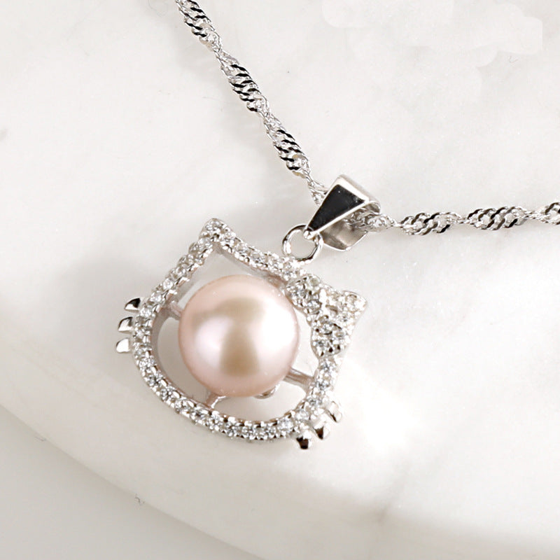 Kitty Cat Pearl Pendant Necklace Earrings Ring Set