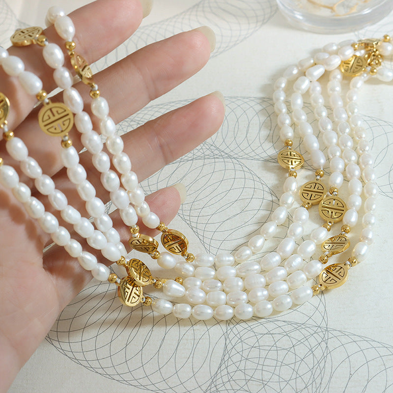 Hollow Vintage Charms Stitching Freshwater Pearl Necklace