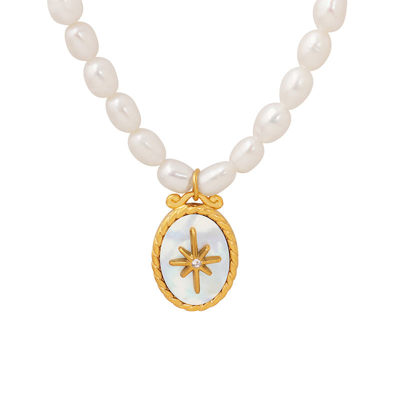 Oval North Star Mother of Pearl Pendant Freshwater Pearl Necklace