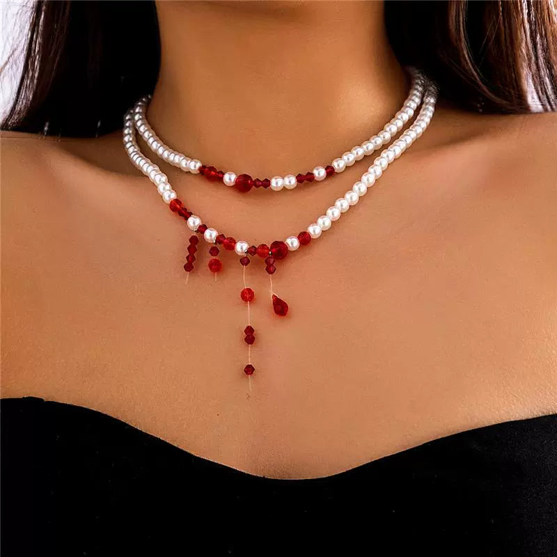 Vampire Bite Dracula Kiss Bloody Pearl Choker Necklace Bracelet Earrings Brooch