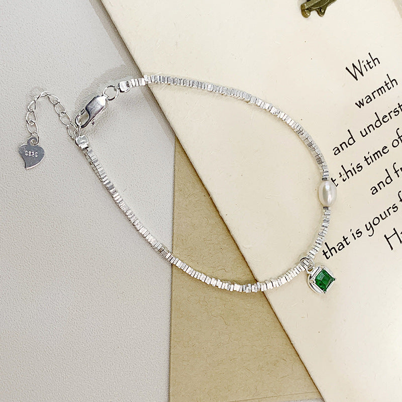 Silver Block Pearl Green Gem Charm Bracelet