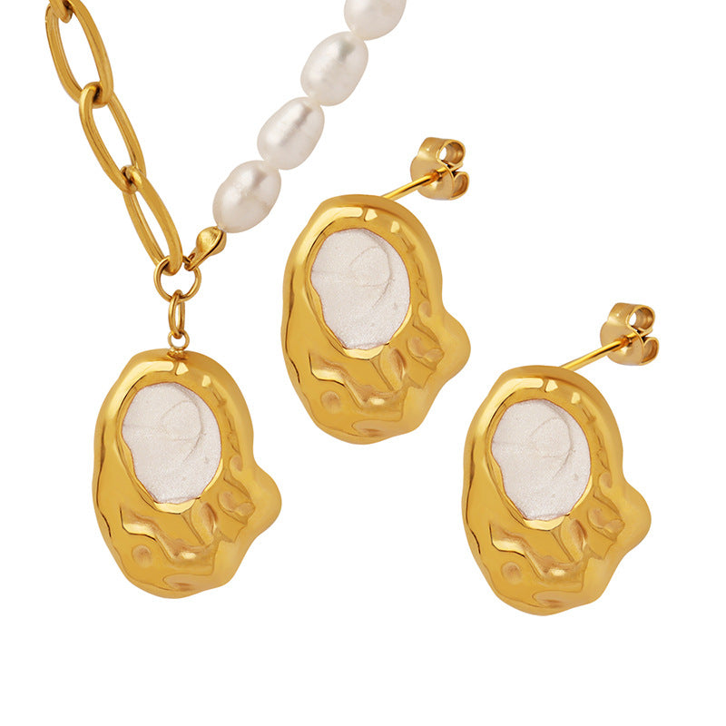 Enamel Pendant Half Pearl Half Chain Necklace and Earrings Set