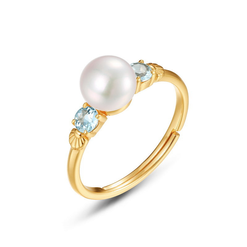 7mm Pearl and Blue Crystal Ring