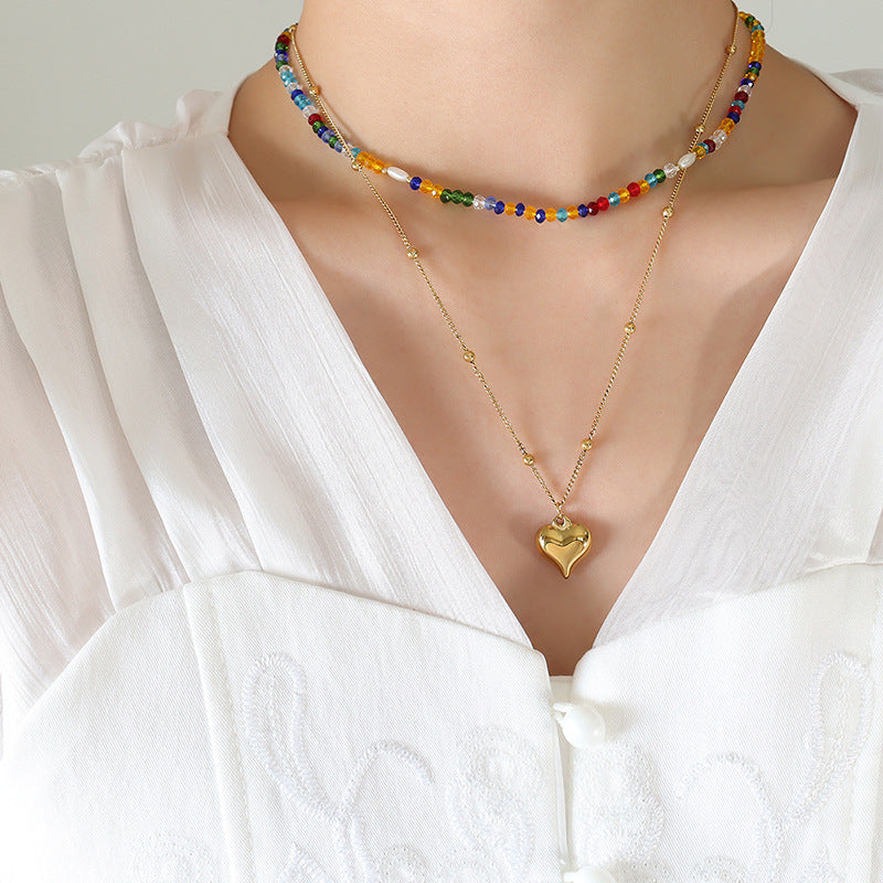 Double Layered Stacked Rainbow Crystal And Pearl With Heart Pendant Necklace