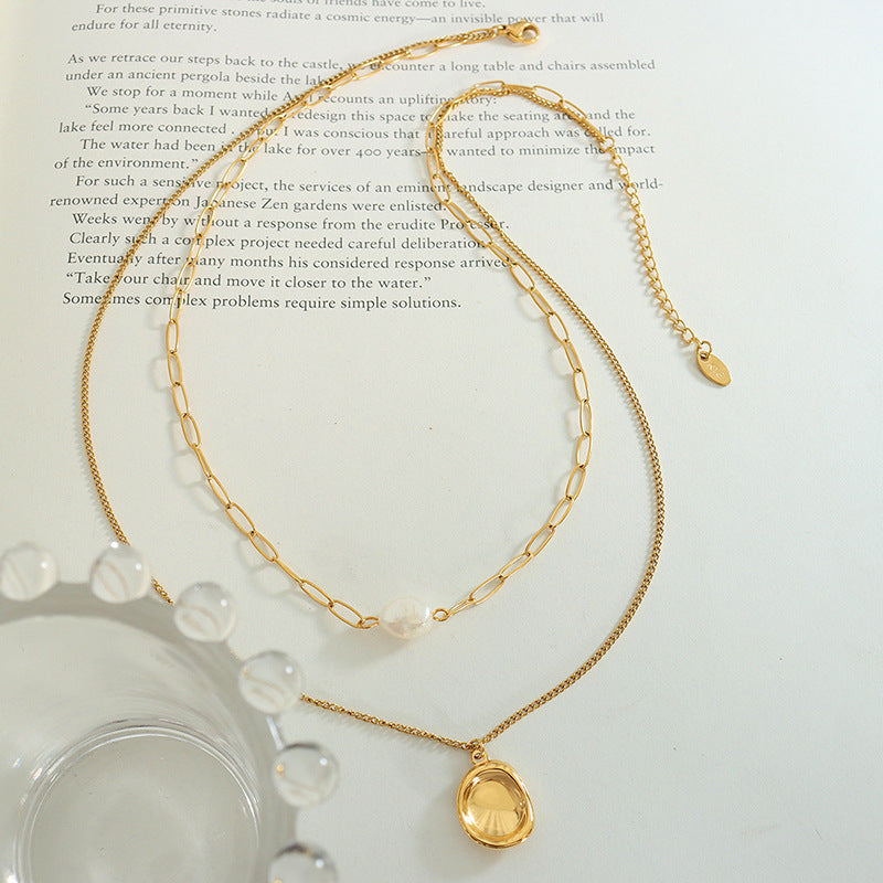 Pearl Pendant Double Layered Stacked Paperclip Necklace