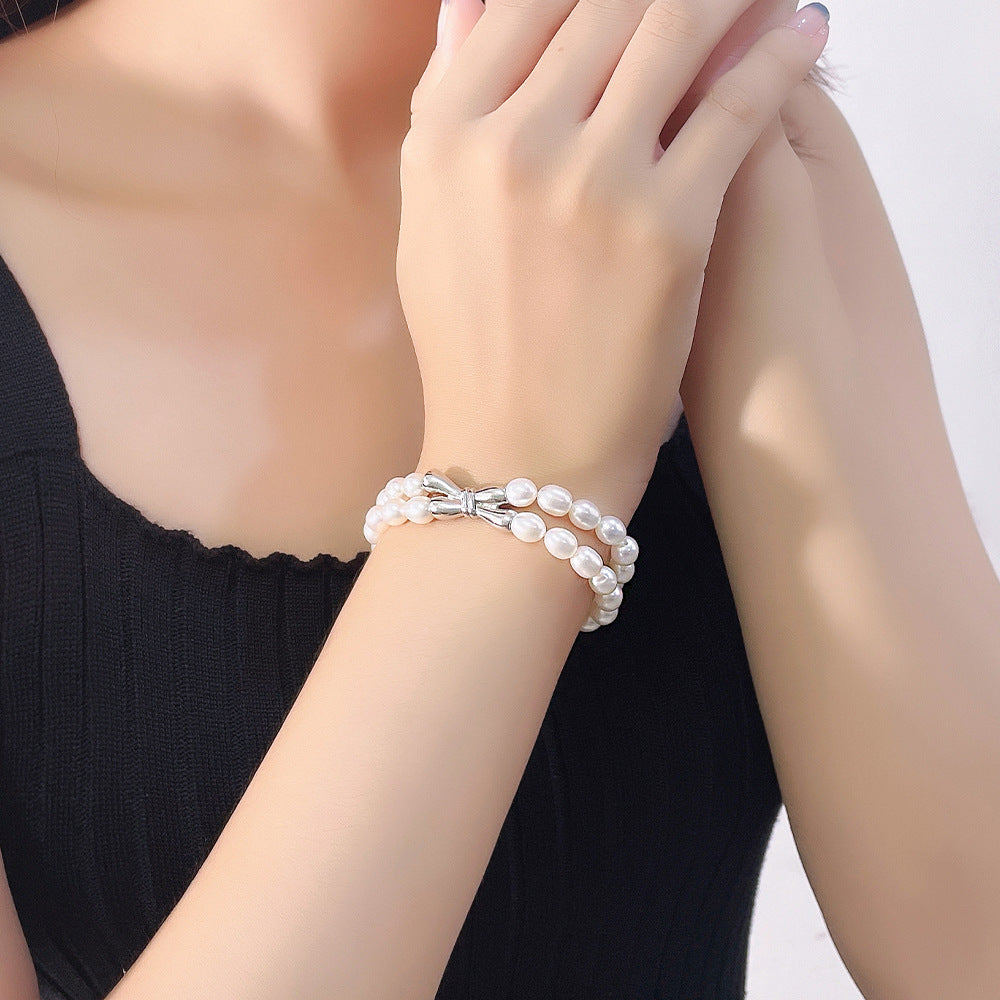 Bow Knot Two Row Freshwater Pearl Bracelet