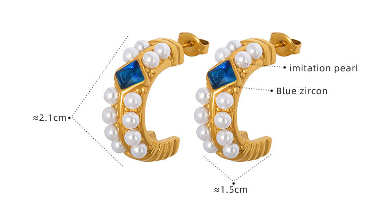 C Shape Pearl Blue Sapphire Earrings