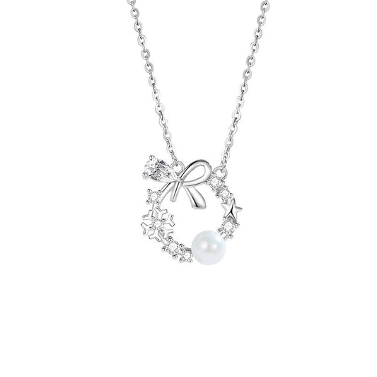 Christmas Wreath Bow Snowflake Pearl Pendant Necklace