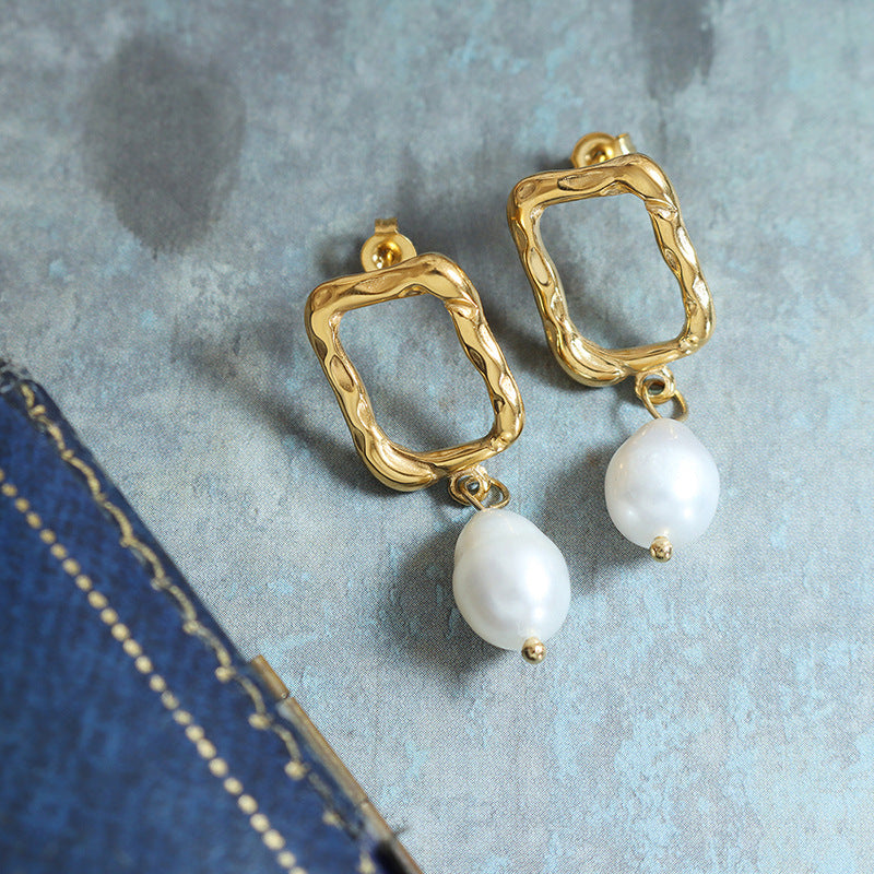 Debossed Gold Rectangle Pearl Drop Earrings