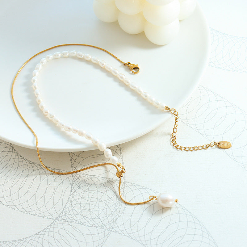 Pullable Half Snake Chain Half Freshwater Pearl Y Necklace