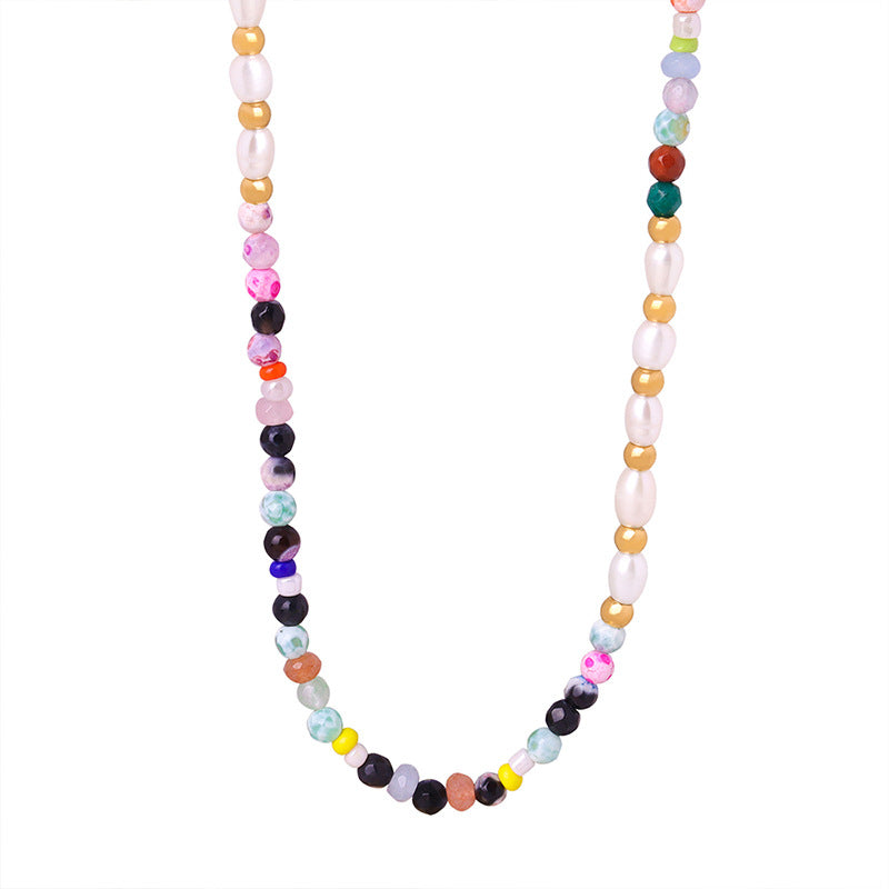 Colorful Natural Stone And Freshwater Pearl Beads Necklace