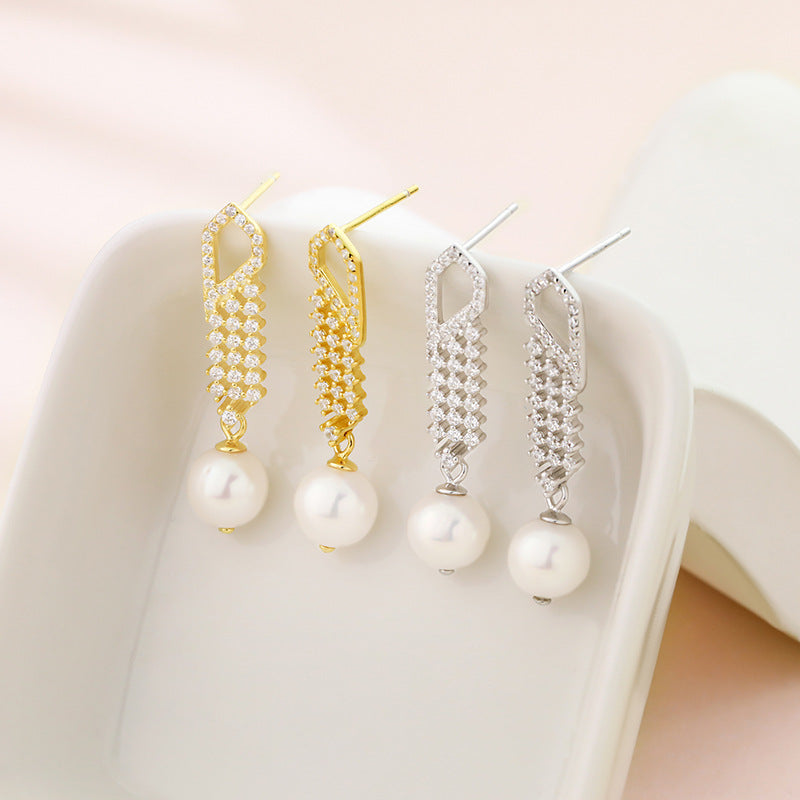 Elegant Diamond Setting Pearl Drop Earrings