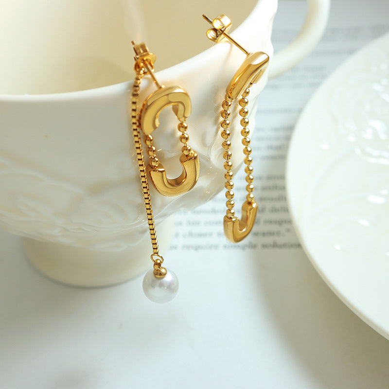 Gold Bead Chain Paperclip Tassel Asymmetrical Earrings