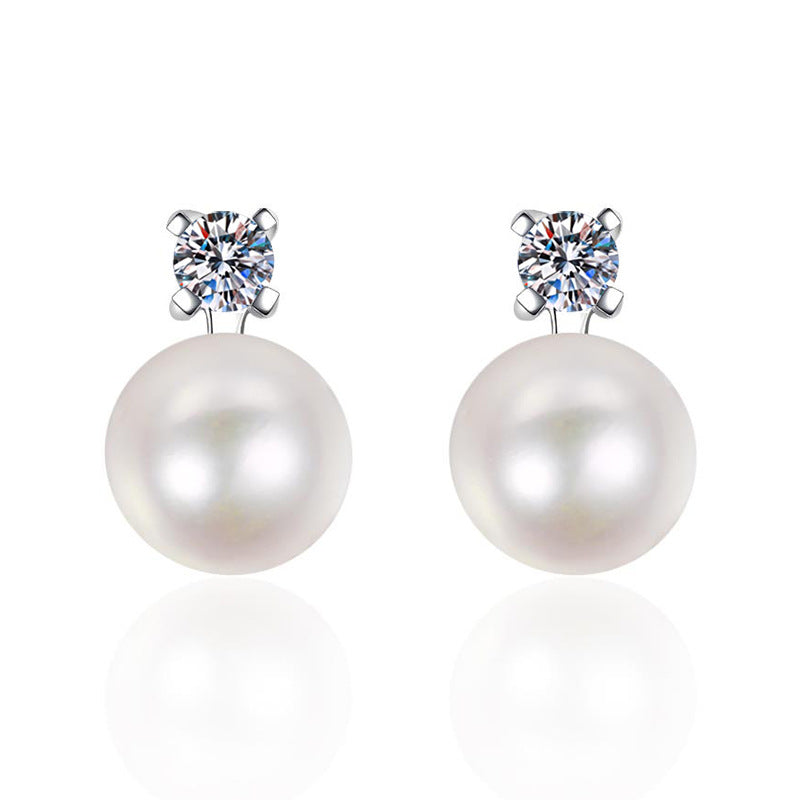 Classic Elegant Diamond Pearl Stud Earrings