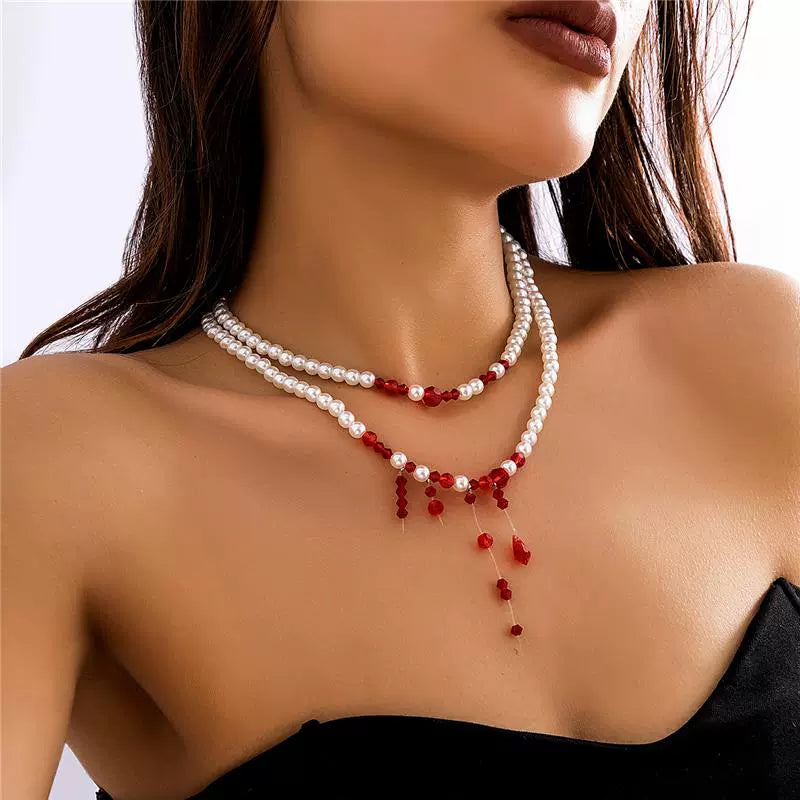 Vampire Bite Dracula Kiss Bloody Pearl Choker Necklace Bracelet Earrings Brooch