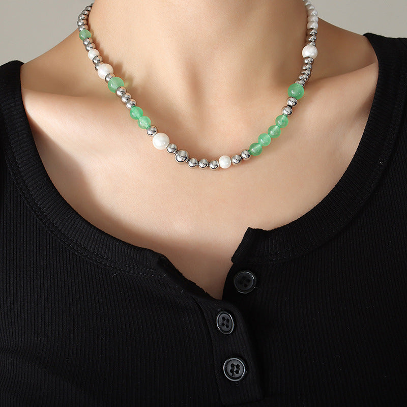 Silver Beads Pearl Jade Beaded Necklace