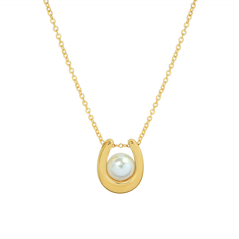 U Shape Pearl Inlay Pendant Simple Necklace