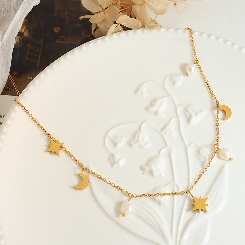 North Star Moon Pearl Necklace With Charms