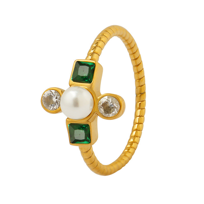 Emerald Zircon And Pearl Cross Ring 