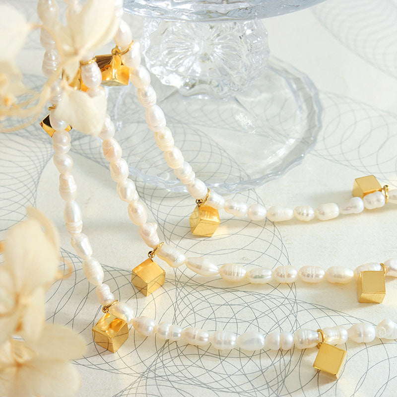 Gold Cube Charms Freshwater Pearl Necklace