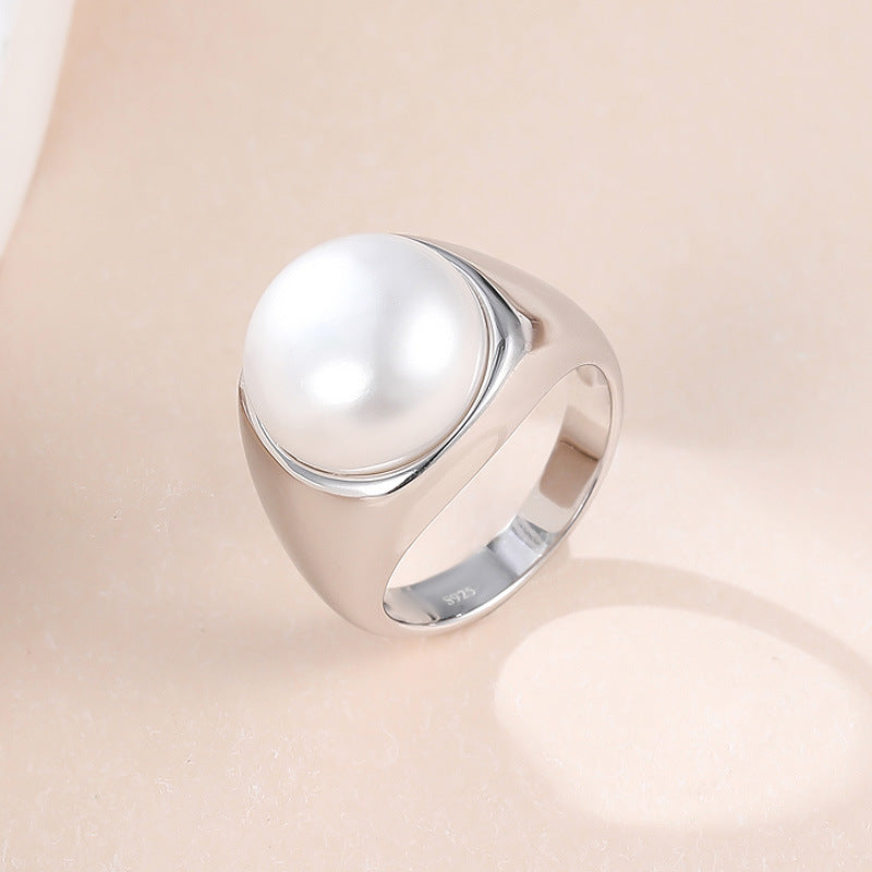 Wide Silver Pearl Ring